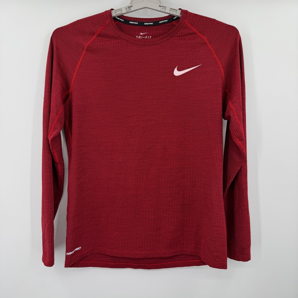 Nike Pro Dri-FIT Mens Large Red Long Sleeve Training Shirt Base Layer Textured